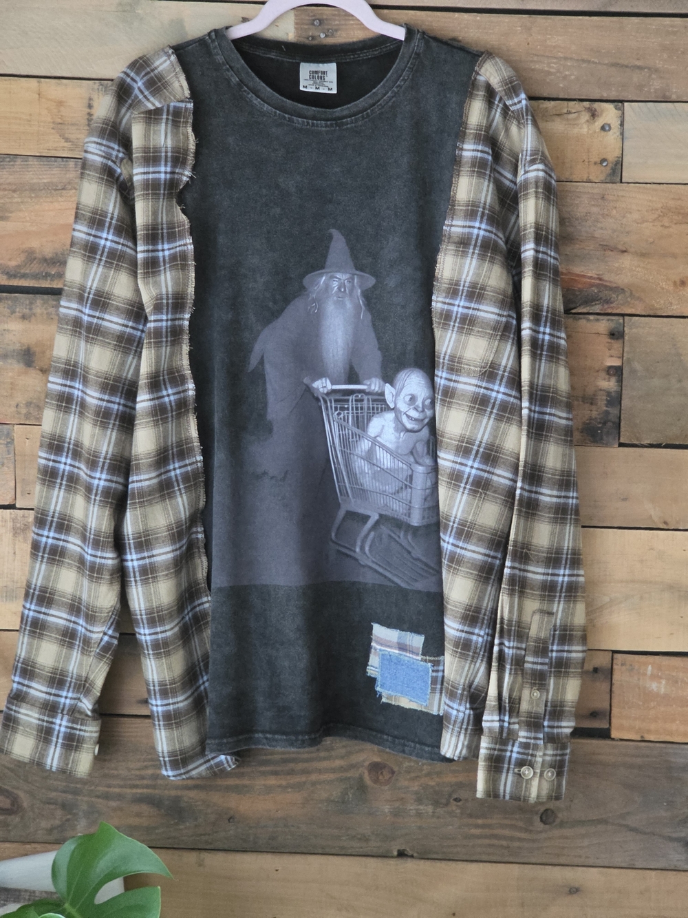 Upcycled Black Graphic Tee with Plaid Sleeves